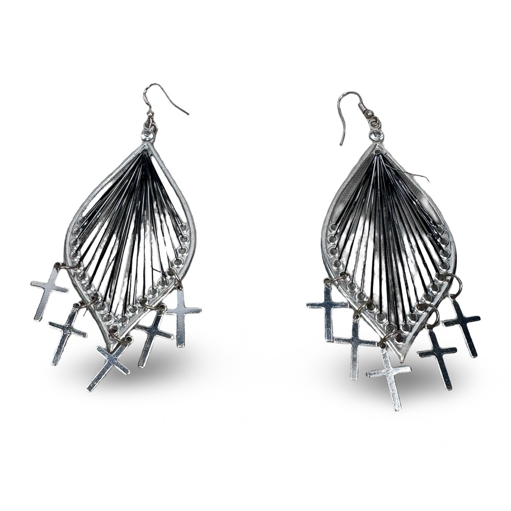 Silver Black Thread Teardrop Dangle Earrings with Cross Charms Gothic Punk Style